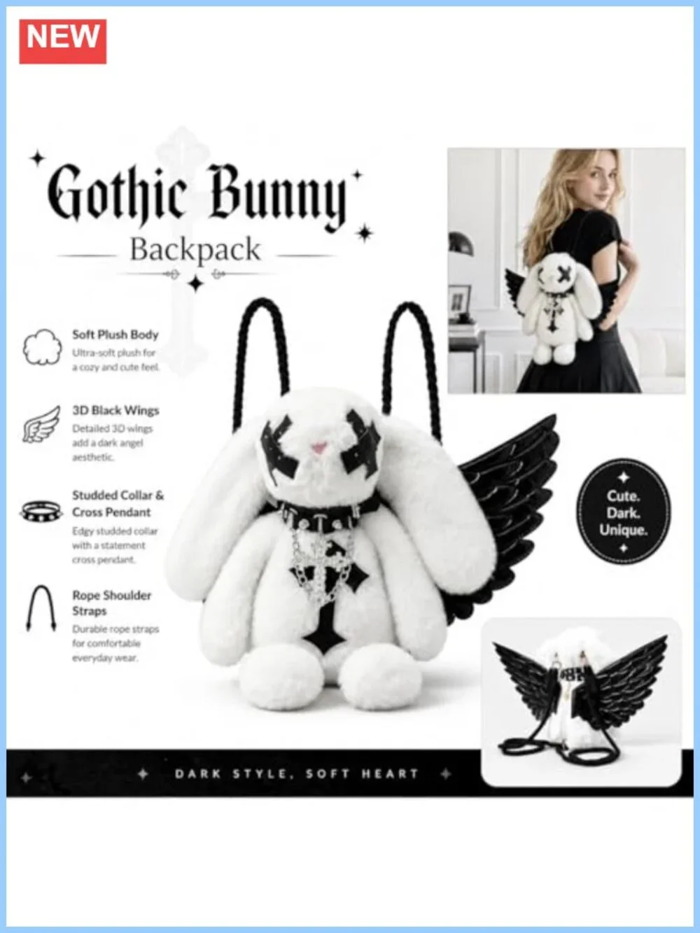 Gothic Plush Bunny Backpack Winged Y2K Punk Mini Bag Cross Charm